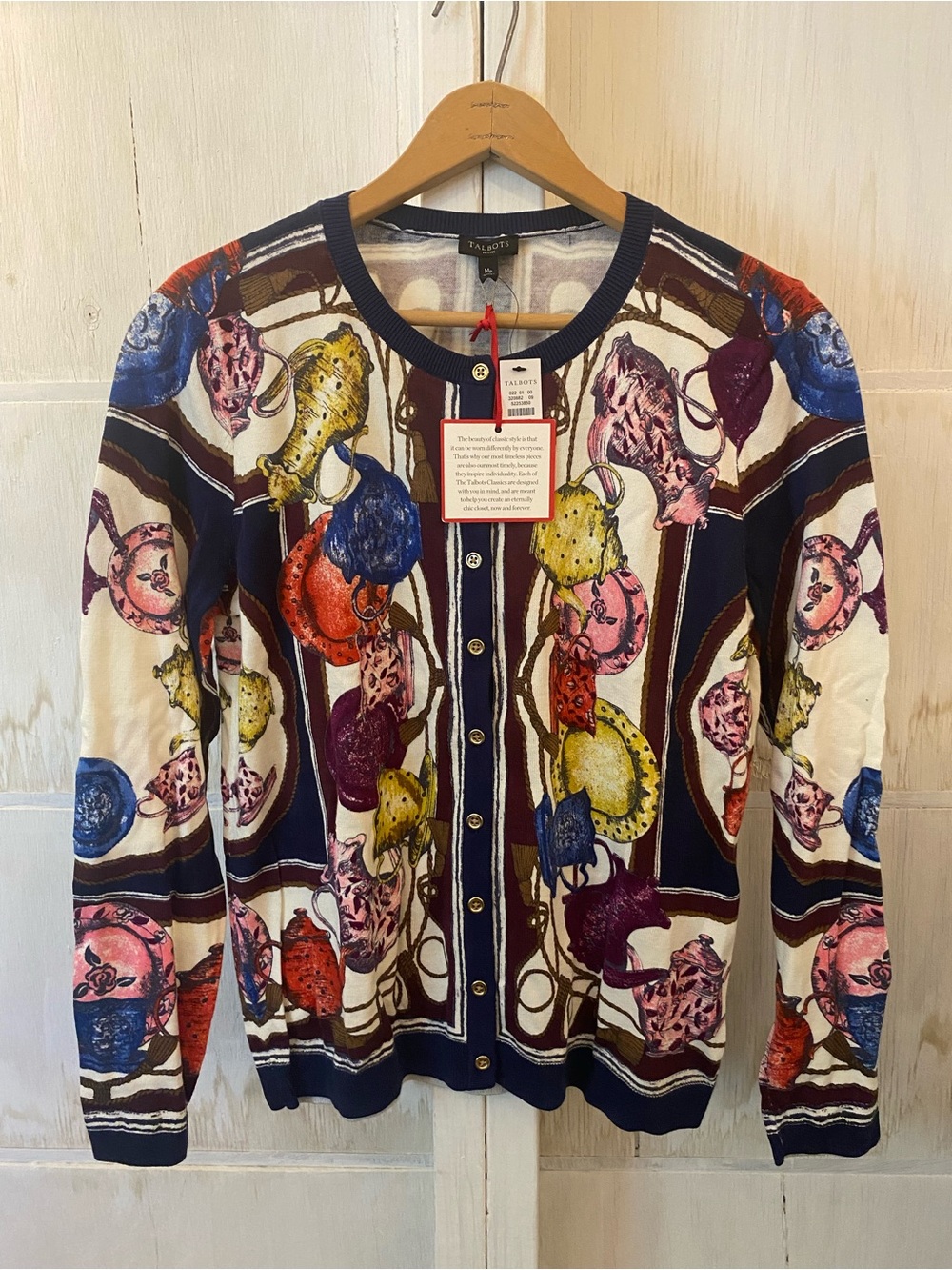 Talbots Navy Multi Teacup Print Cardigan